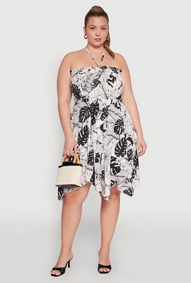 Womens Plus Size Smocked Shark Bite Leaf Print Dress, Multi, Size 1X
