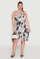 Womens Plus Size Smocked Shark Bite Leaf Print Dress, Multi, Size 1X