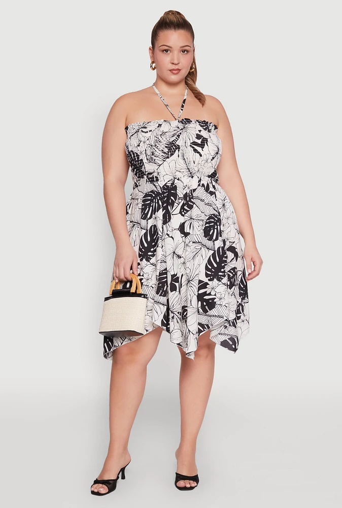Womens Plus Smocked Shark Bite Leaf Print Dress, Multi,
