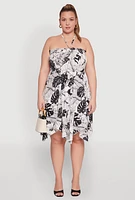 Womens Plus Size Smocked Shark Bite Leaf Print Dress, Multi, Size 1X
