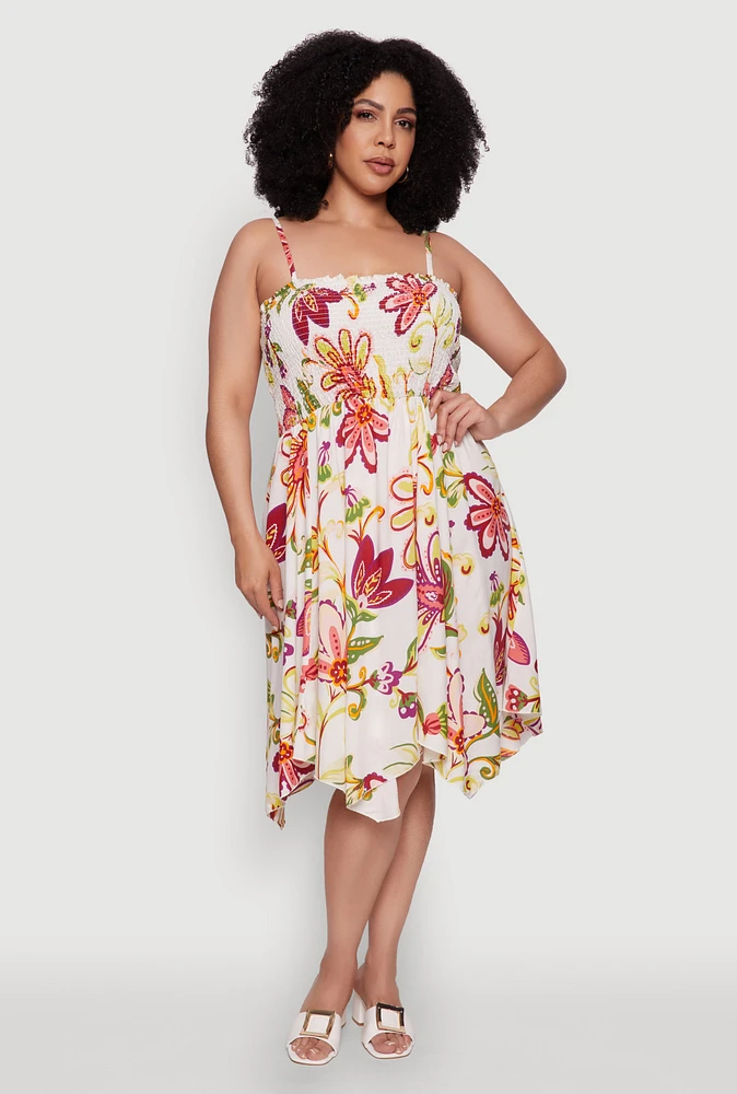 Womens Plus Floral Sleeveless Sundress with Square Neck and Sharkbite Hem, Multi,
