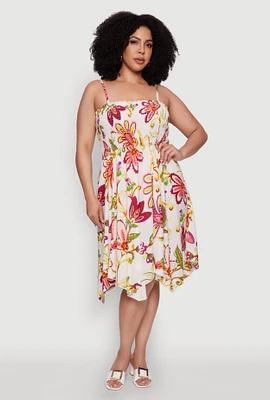 Womens Plus Floral Sleeveless Sundress with Square Neck and Sharkbite Hem, Multi,