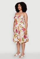 Womens Plus Floral Sleeveless Sundress with Square Neck and Sharkbite Hem, Multi,
