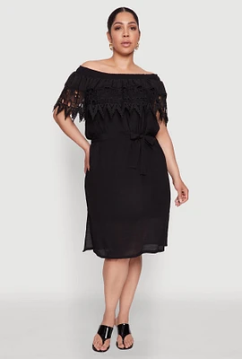 Womens Plus Size Crochet Overlay Off The Shoulder Dress, Black, Size 3X