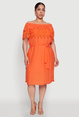 Womens Plus Size Crochet Overlay Off The Shoulder Dress, Orange, Size 2X
