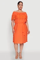 Womens Plus Size Crochet Overlay Off The Shoulder Dress, Orange, Size 2X