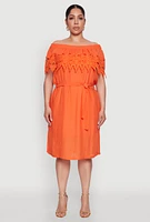 Womens Plus Size Crochet Overlay Off The Shoulder Dress, Orange, Size 2X