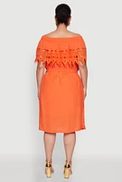 Womens Plus Size Crochet Overlay Off The Shoulder Dress, Orange, Size 2X