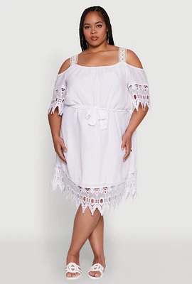 Womens Plus Size Chic Crochet Detail Gauze Knit Cold Shoulder Dress, White, Size 3X