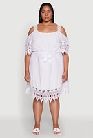 Womens Plus Size Chic Crochet Detail Gauze Knit Cold Shoulder Dress, White, Size 3X
