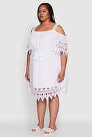 Womens Plus Size Chic Crochet Detail Gauze Knit Cold Shoulder Dress, White, Size 3X