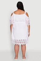 Womens Plus Size Chic Crochet Detail Gauze Knit Cold Shoulder Dress, White, Size 3X