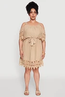 Womens Plus Chic Crochet Detail Gauze Knit Cold Shoulder Dress, 2X