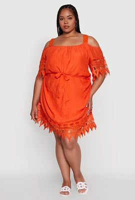 Womens Plus Chic Crochet Detail Gauze Knit Cold Shoulder Dress,
