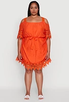 Womens Plus Chic Crochet Detail Gauze Knit Cold Shoulder Dress,