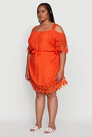 Womens Plus Chic Crochet Detail Gauze Knit Cold Shoulder Dress,
