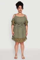 Womens Plus Size Chic Crochet Detail Gauze Knit Cold Shoulder Dress, Green, Size 2X