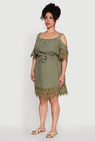 Womens Plus Size Chic Crochet Detail Gauze Knit Cold Shoulder Dress, Green, Size 2X