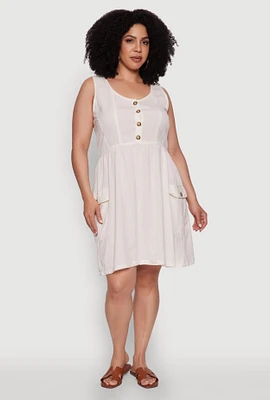 Womens Plus Sleeveless Sundress with Cargo Pockets, Beige,