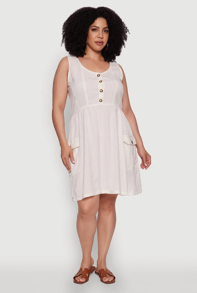 Womens Plus Size Sleeveless Sundress with Cargo Pockets, Beige, Size 3X