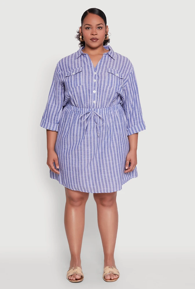 Womens Plus Size Half Button Striped Shirt Dress, Blue, Size 3X