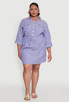 Womens Plus Half Button Striped Shirt Dress, 3X