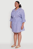 Womens Plus Size Half Button Striped Shirt Dress, Blue, Size 3X