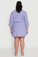 Womens Plus Size Half Button Striped Shirt Dress, Blue, Size 3X
