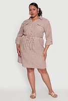 Womens Plus Half Button Striped Shirt Dress,