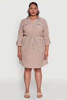 Womens Plus Half Button Striped Shirt Dress,