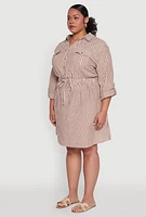 Womens Plus Half Button Striped Shirt Dress,