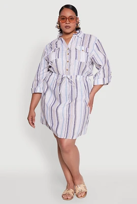 Womens Plus Size Half Button Striped Shirt Dress, Multi, Size 2X