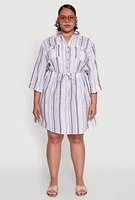 Womens Plus Size Half Button Striped Shirt Dress, Multi, Size 2X