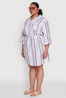Womens Plus Size Half Button Striped Shirt Dress, Multi, Size 2X
