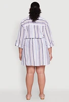 Womens Plus Size Half Button Striped Shirt Dress, Multi, Size 2X