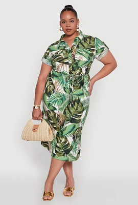 Womens Plus Size Short Sleeve Leaf Print Shirt Dress, Green, Size 1X