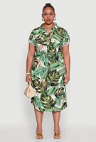 Womens Plus Size Short Sleeve Leaf Print Shirt Dress, Green, Size 1X