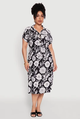 Womens Plus Floral Print Half Button Shirt Dress with Tie Waist Belt, 2X