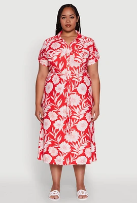 Womens Plus Size Floral Print Half Button Shirt Dress with Tie Waist Belt, Red, Size 3X