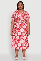 Womens Plus Size Floral Print Half Button Shirt Dress with Tie Waist Belt, Red, Size 3X