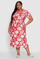 Womens Plus Size Floral Print Half Button Shirt Dress with Tie Waist Belt, Red, Size 3X