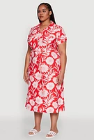 Womens Plus Size Floral Print Half Button Shirt Dress with Tie Waist Belt, Red, Size 3X