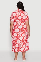 Womens Plus Size Floral Print Half Button Shirt Dress with Tie Waist Belt, Red, Size 3X