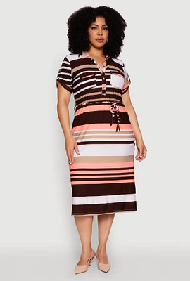 Womens Plus Stylish Tie Waist Belted Tabbed Sleeve Shirt Dress, Multi,