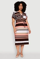 Womens Plus Stylish Tie Waist Belted Tabbed Sleeve Shirt Dress, Multi,