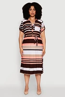 Womens Plus Stylish Tie Waist Belted Tabbed Sleeve Shirt Dress, Multi,