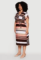 Womens Plus Stylish Tie Waist Belted Tabbed Sleeve Shirt Dress, Multi,