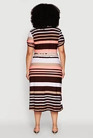 Womens Plus Stylish Tie Waist Belted Tabbed Sleeve Shirt Dress, Multi,