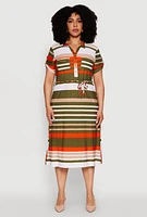 Womens Plus Stylish Tie Waist Belted Tabbed Sleeve Shirt Dress, Multi,
