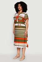 Womens Plus Stylish Tie Waist Belted Tabbed Sleeve Shirt Dress, Multi,